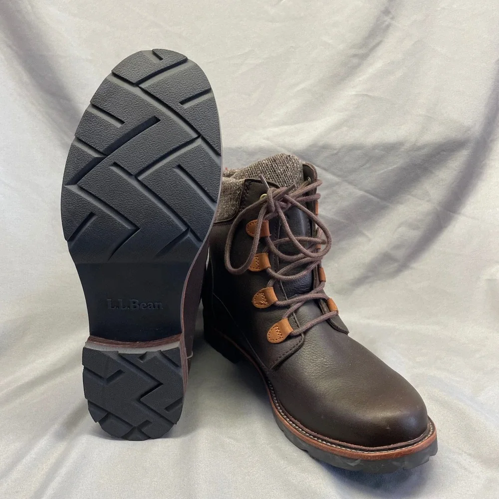 LL Bean Stonington Boots Women 8.5 Dark Brown Leather Sweater Fleece Knit TEK2.5